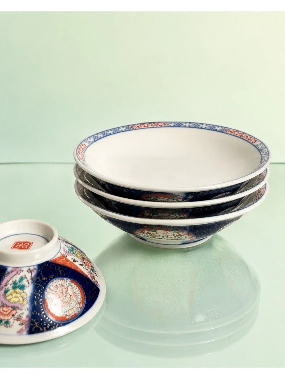 Japanese 1970s 4 Rice Bowls Arita Hizen Imari Style Blue Red Porcelain, 5.5x1.5”